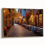 Framed canvas wall art showcasing a vibrant city landscape design with gold accents, perfect for modern home decor. Side view highlights the frame's elegant finish.