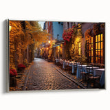 Framed canvas wall art showcasing a vibrant street landscape design with a silver frame, perfect for modern home decor, enhancing living spaces with urban charm.