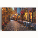 Stretched canvas wall art showcasing a vibrant urban landscape design, featuring colorful street scenes and abstract elements, ideal for modern home decor.