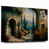 Acrylic glass wall art collection showcasing a vibrant street landscape design, emphasizing vivid colors and intricate details, displayed in a side view without pins.