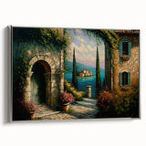 Framed canvas wall art showcasing a modern landscape design with vibrant colors and a silver frame, ideal for contemporary home decor, emphasizing elegance and sophistication.