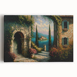 Stretched canvas wall art showcasing a vibrant city street landscape design with colorful buildings and trees, perfect for modern home decor.