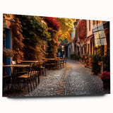 Acrylic glass wall art showcasing a vibrant street landscape design with bold colors and intricate details, elegantly displayed from a side view without pins, perfect for modern decor.