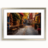 Framed wall art collection featuring a silver mat, showcasing a vibrant landscape and street design. Ideal for modern home decor or office aesthetics.