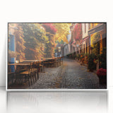 Framed wall art showcasing a vibrant urban landscape design with streets and buildings, featuring a sleek white frame for modern decor enhancement. Ideal for contemporary home or office settings.