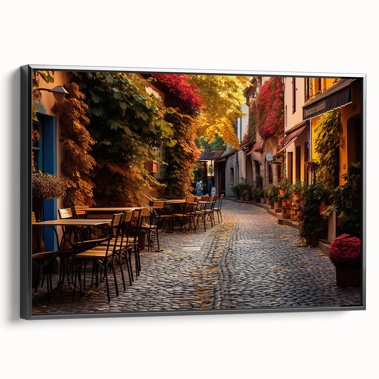 Framed canvas wall art showcasing a modern street landscape design in vibrant colors, with a sleek black frame, perfect for contemporary home decor.