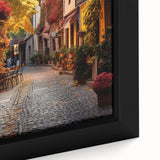 Framed canvas artwork showcasing a vibrant street landscape design, featuring intricate details and colorful hues, perfect for modern home decor and art enthusiasts.