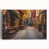 Stretched canvas wall art featuring a vibrant landscape design, showcasing colorful streets and buildings. Perfect for modern home decor or office spaces, adding a lively touch to any room.