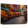 Colorful acrylic glass wall art showcasing a vibrant street landscape, displayed in a side view with pins, perfect for modern home decor. Ideal for art enthusiasts.