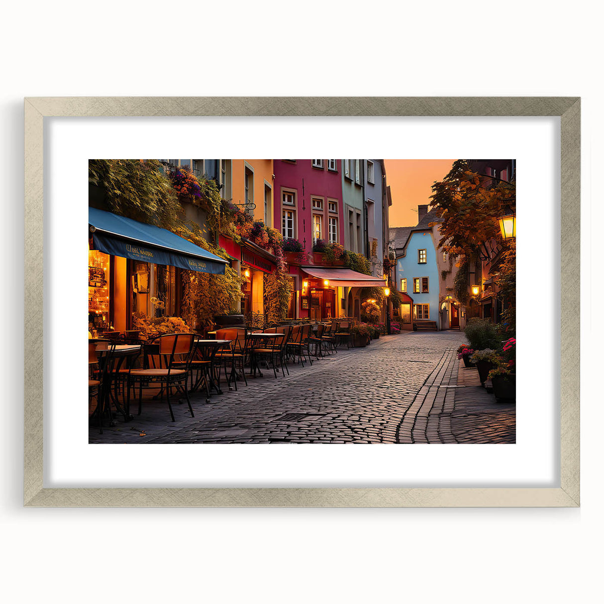 Framed wall art featuring a vibrant landscape design with a silver mat, perfect for enhancing modern interior decor. Ideal for living rooms or office spaces.