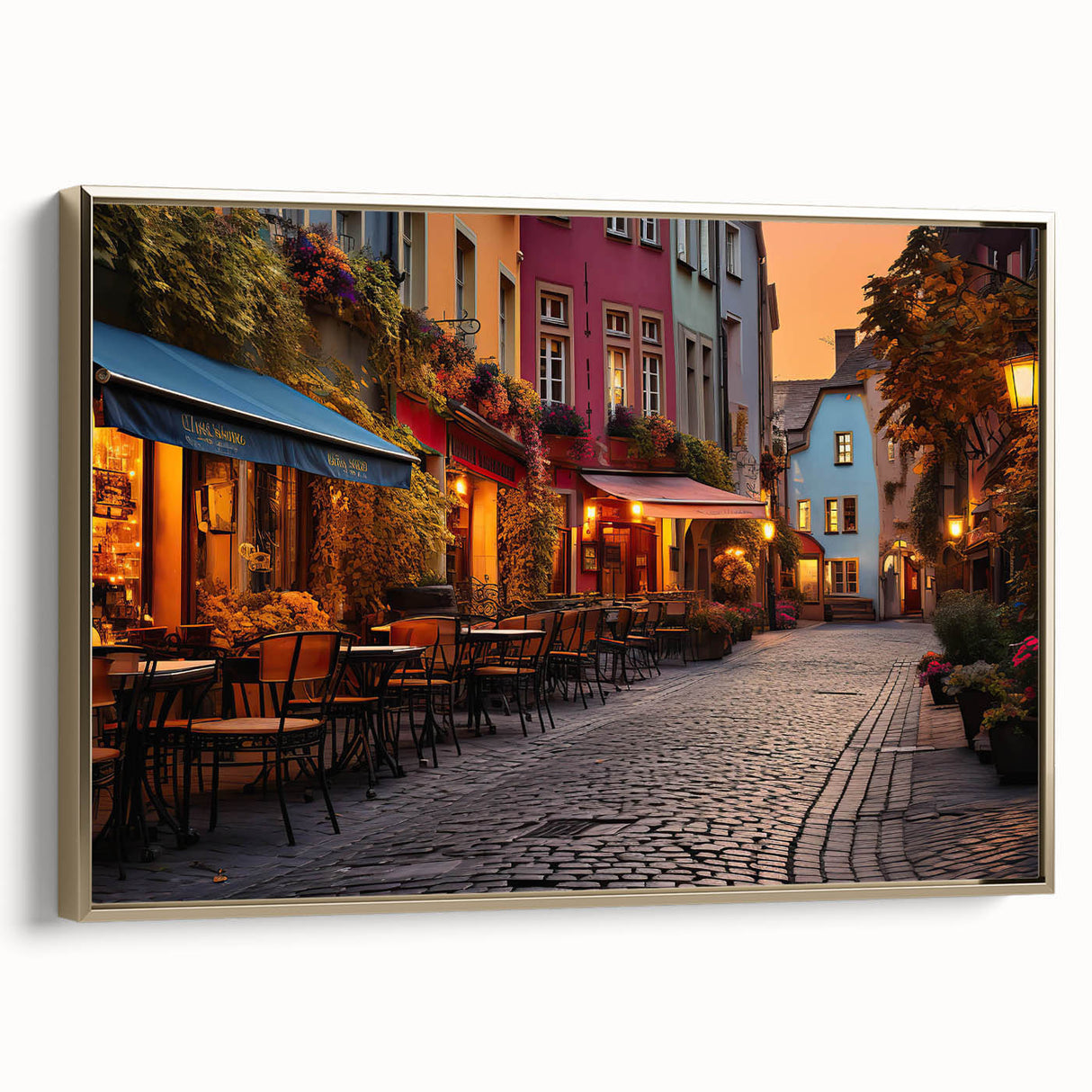 Framed canvas wall art featuring a modern landscape and street design, elegantly displayed with a gold frame, ideal for contemporary home decor. The artwork showcases vibrant colors and intricate details, enhancing any living space.