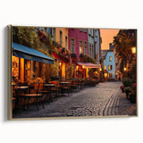 Framed canvas wall art featuring a modern landscape and street design, elegantly displayed with a gold frame, ideal for contemporary home decor. The artwork showcases vibrant colors and intricate details, enhancing any living space.