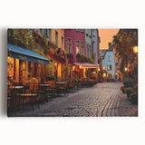 Stretched canvas wall art showcasing a vibrant urban landscape design, featuring colorful street scenes and intricate architectural details, perfect for modern decor.