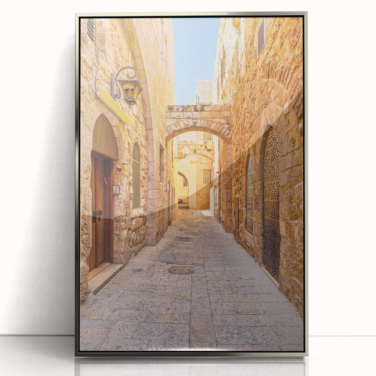 Framed acrylic wall art showcasing a modern street landscape in silver tones, ideal for contemporary home decor. Perfect for adding sophistication to any space.