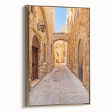 Framed canvas wall art featuring a modern landscape design in vibrant colors, showcasing a gold frame with a side view perspective, perfect for home decor.