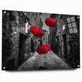 A vibrant acrylic glass wall art piece showcasing a contemporary landscape design, viewed from the side with mounted pins, ideal for modern home decor.