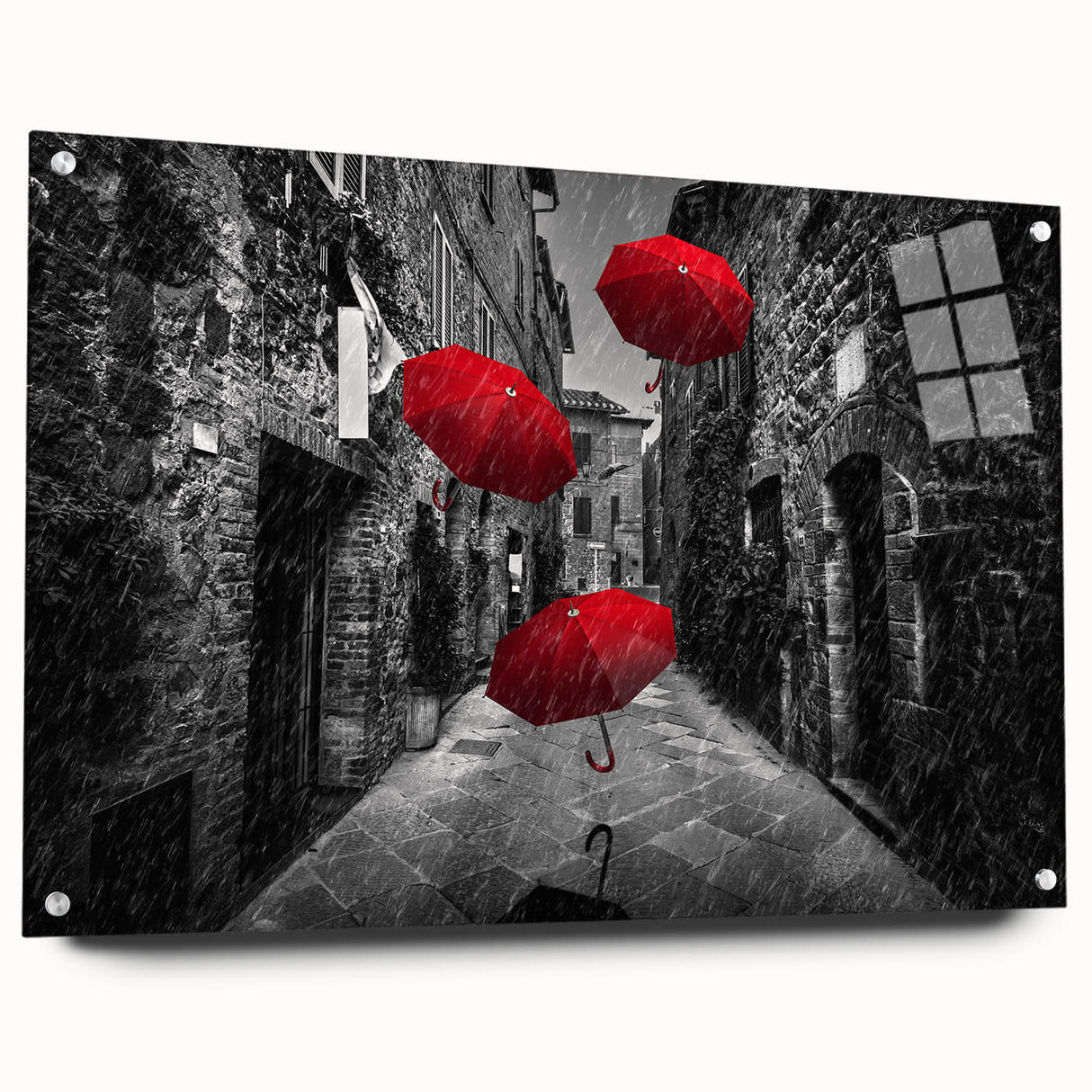A vibrant acrylic glass wall art piece showcasing a contemporary landscape design, viewed from the side with mounted pins, ideal for modern home decor.