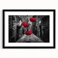 Framed wall art showcasing a modern landscape design in a black mat, featuring vibrant colors and intricate details, perfect for home decor enhancement.