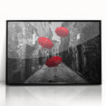 Framed wall art featuring a modern landscape design with vibrant colors, showcasing a street scene in an urban setting, presented in a sleek black frame for a contemporary aesthetic.