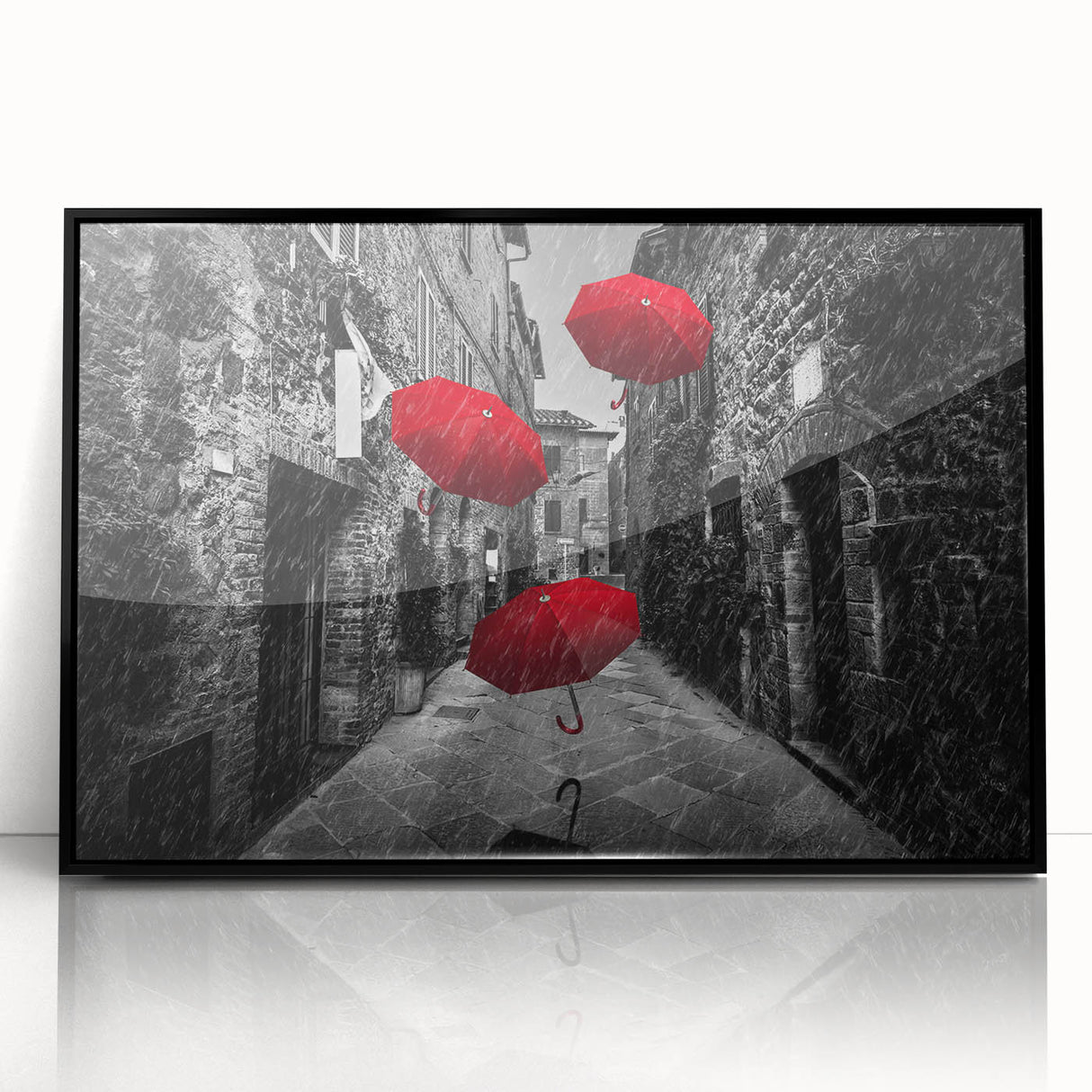 Framed wall art featuring a modern landscape design with vibrant colors, showcasing a street scene in an urban setting, presented in a sleek black frame for a contemporary aesthetic.
