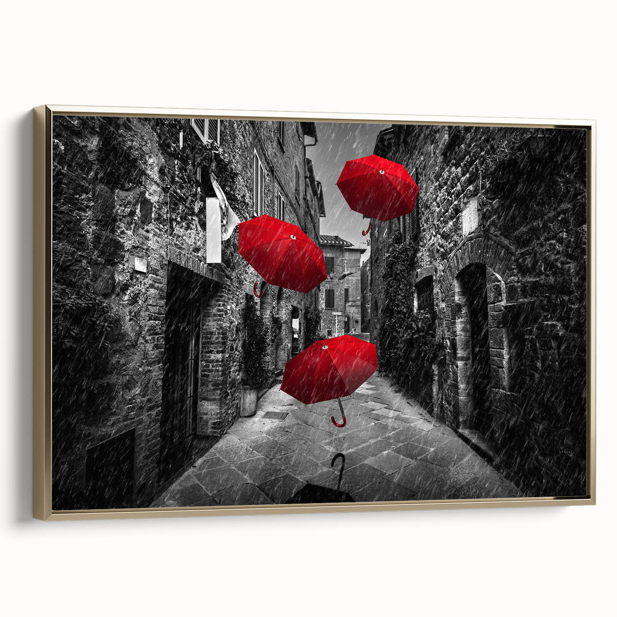 Framed canvas wall art showcasing a modern streetscape design with gold accents, perfect for contemporary home decor. Ideal for adding elegance to any room.