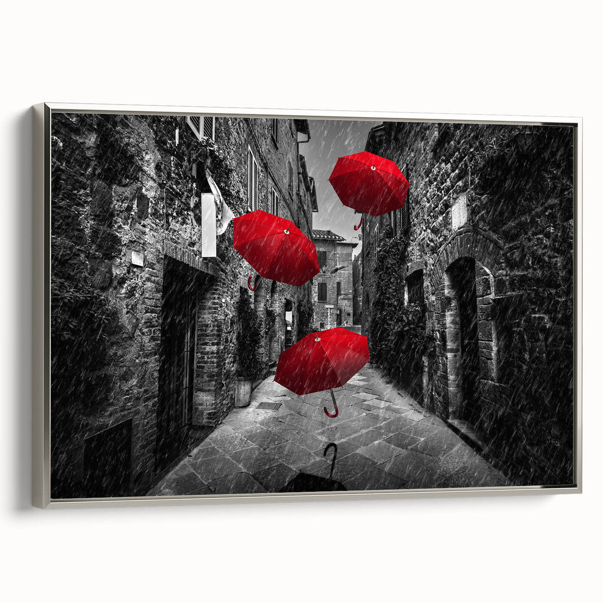 Framed canvas wall art showcasing a contemporary street landscape design with vibrant colors and intricate details, elegantly displayed with a sleek silver frame. Perfect for modern home decor.