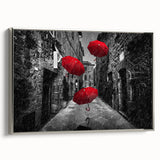 Framed canvas wall art showcasing a contemporary street landscape design with vibrant colors and intricate details, elegantly displayed with a sleek silver frame. Perfect for modern home decor.