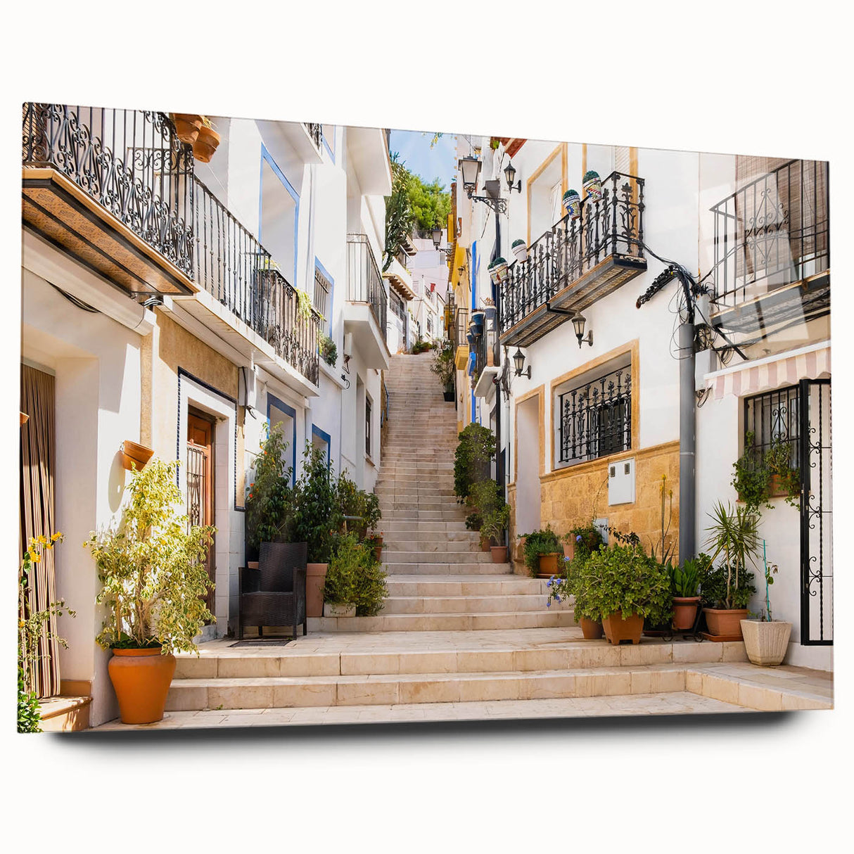 Acrylic wall art showcasing a vibrant urban landscape design, viewed from the side without pins, perfect for modern home decor and interior design enthusiasts.