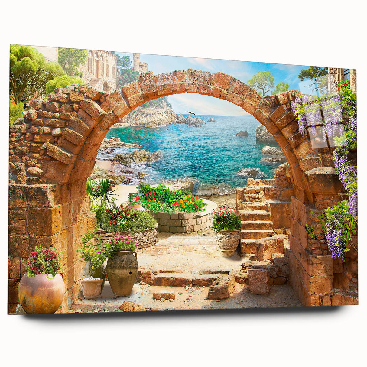 Acrylic glass wall art piece showcasing a vibrant street landscape design, featuring rich colors and intricate details, perfect for modern home decor.