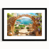 Framed black wall art featuring a vibrant street landscape design, elegantly showcasing colorful buildings and lush greenery, perfect for modern home decor.
