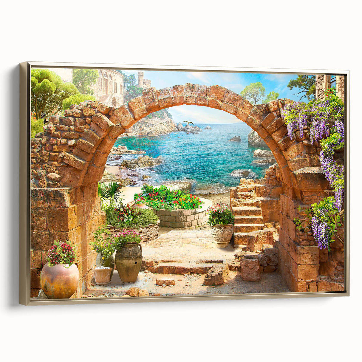 Framed canvas wall art featuring a modern landscape design with golden accents, showcasing vibrant colors and intricate details, perfect for enhancing home decor.