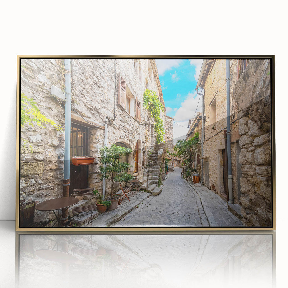 Framed acrylic wall art featuring a vibrant landscape design with rich colors and intricate details, set against a gold frame, ideal for modern home decor.