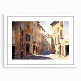 Framed wall art featuring a modern street landscape design in a white mat, showcasing vibrant colors and intricate details, perfect for home decor enhancement.