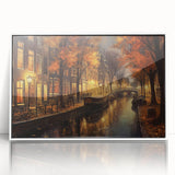 Framed acrylic wall art featuring a vibrant landscape design with intricate street details, set against a sleek white frame, perfect for modern decor.