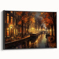 Framed canvas wall art collection showcasing a modern city street landscape, featuring vibrant colors and intricate details, with a sleek black frame enhancing its aesthetic appeal. Perfect for adding a contemporary touch to home or office decor.