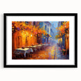 Black-framed wall art featuring a vibrant landscape design with streets and buildings, elegantly matted to enhance decor, perfect for modern interiors.