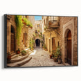 Framed wall art showcasing a contemporary landscape design with vibrant colors, set against a sleek black frame, perfect for modern home decor.