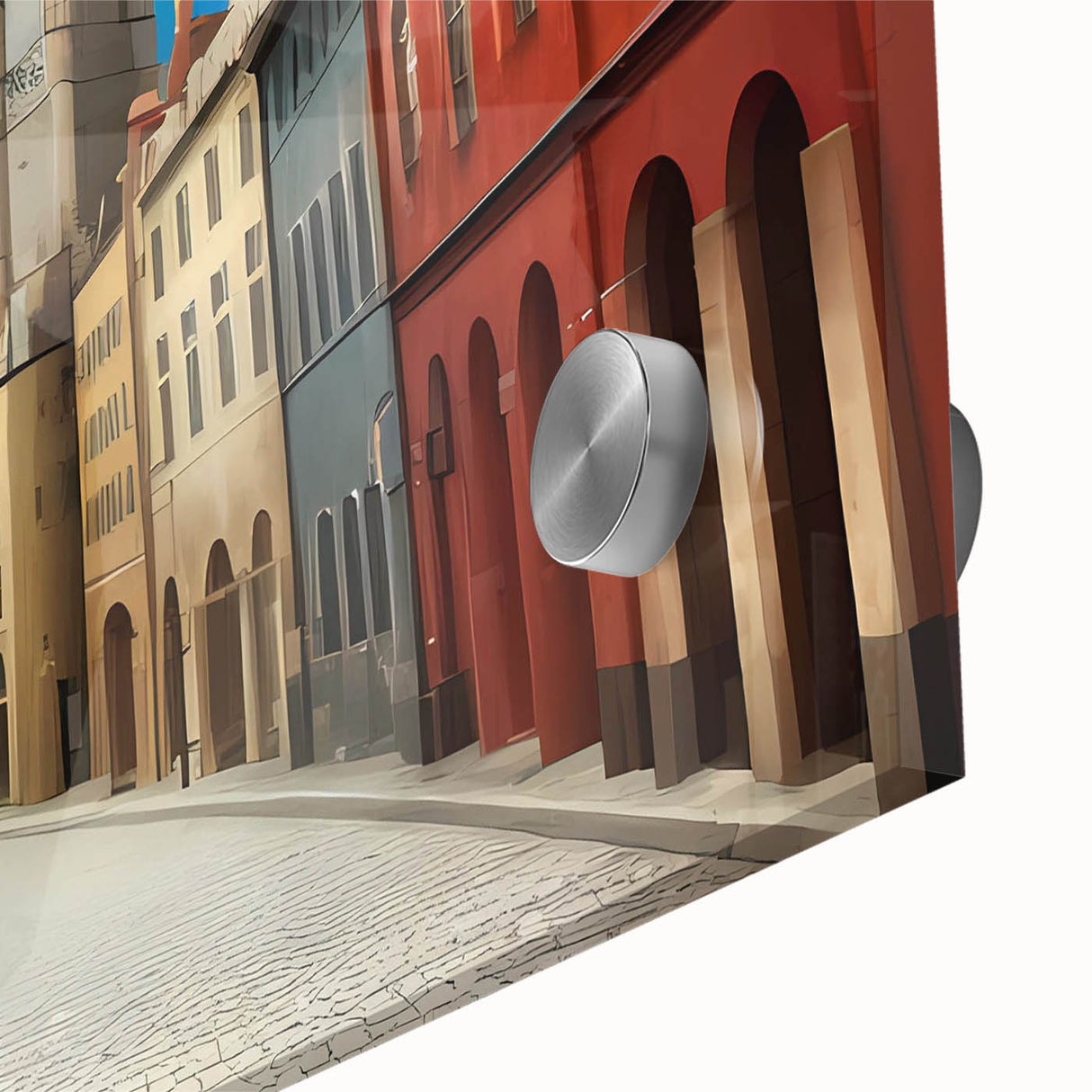 Close-up of a vibrant acrylic glass wall art piece showcasing a colorful street landscape design, perfect for modern home decor, emphasizing urban aesthetics and artistic expression.