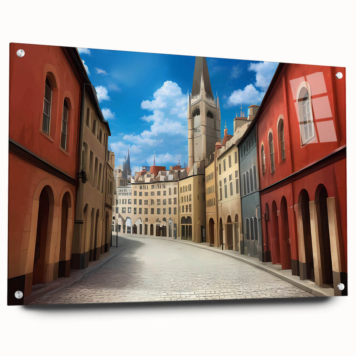 Elegant acrylic glass wall art showcasing a vibrant street landscape design, mounted with decorative pins. Ideal for modern home decor, this piece adds a stylish touch.