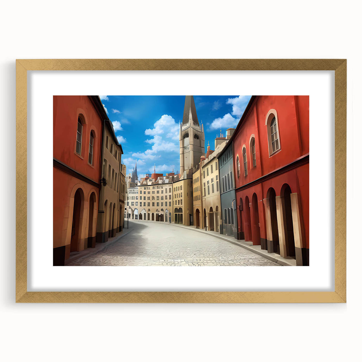 Framed wall art collection showcasing a vibrant landscape street design, featuring a gold frame and mat, ideal for modern home decor and artistic interiors.