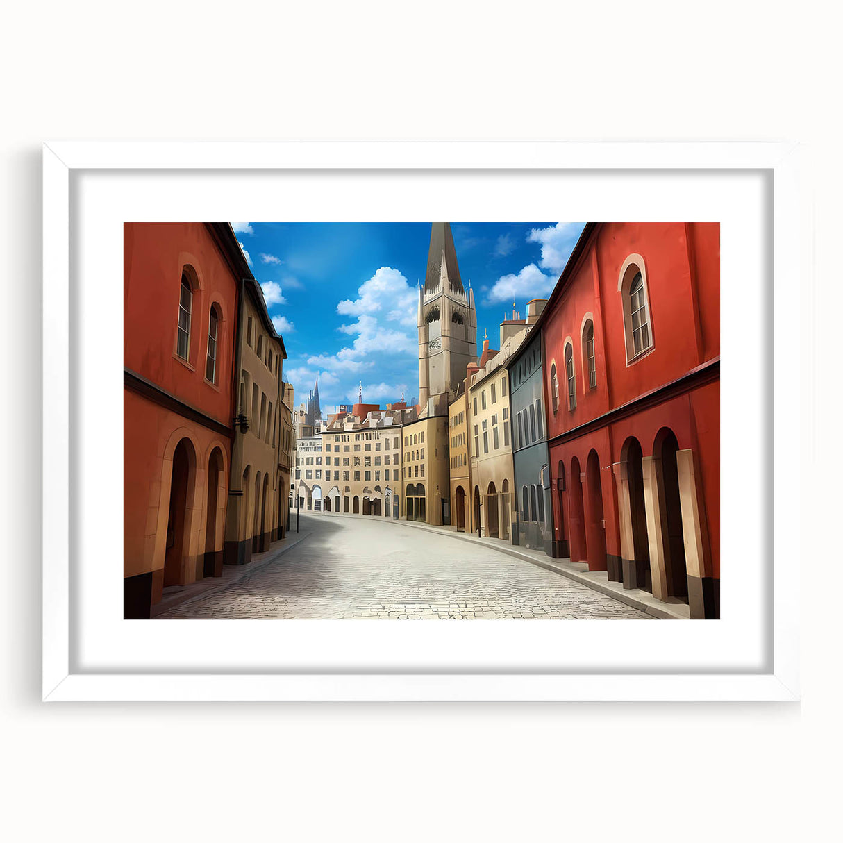 Framed white wall art featuring a modern landscape scene with vibrant colors, perfect for home decor or office enhancement, showcasing a stylish mat.