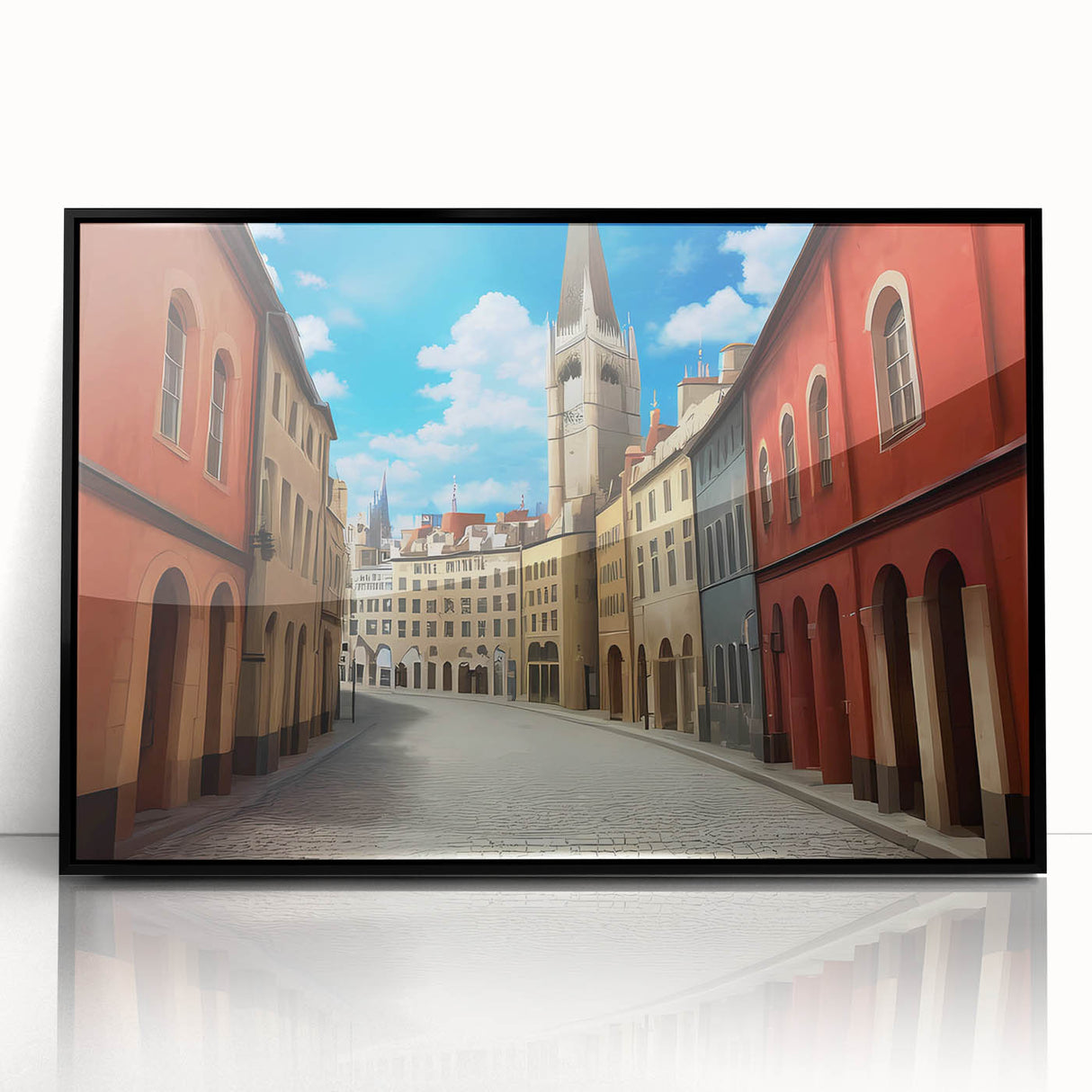 Framed acrylic wall art featuring a vibrant street landscape design, showcased in a sleek black frame, ideal for modern home decor and artistic ambiance.