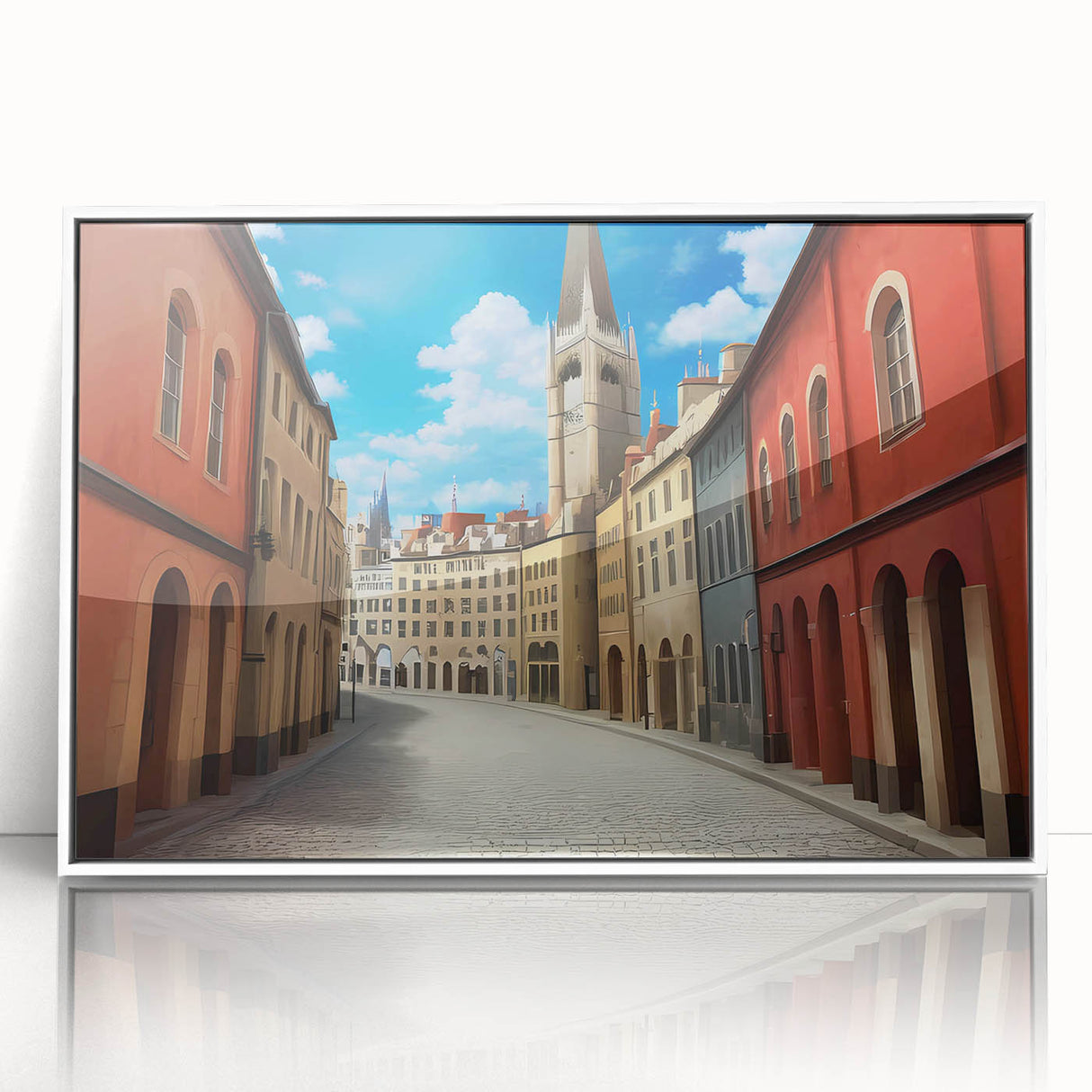 Framed acrylic wall art showcasing a vibrant landscape street design, featuring a sleek white frame and modern aesthetic, perfect for home decor enhancement.