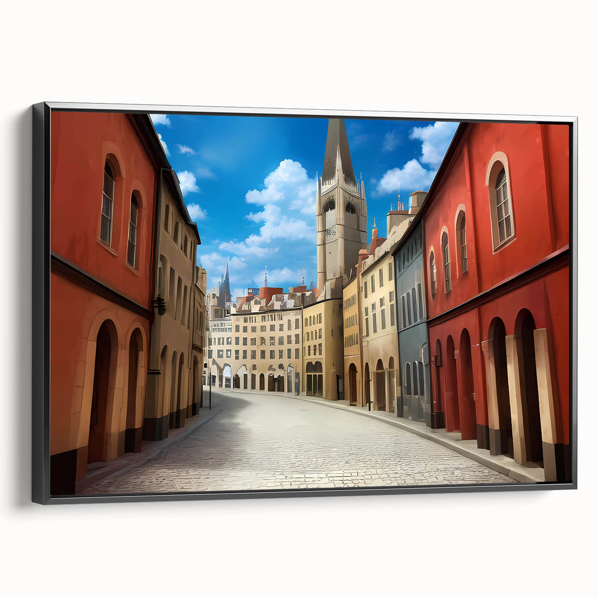 Framed black canvas wall art showcasing an urban landscape design with vibrant colors and intricate details, ideal for modern home decor.