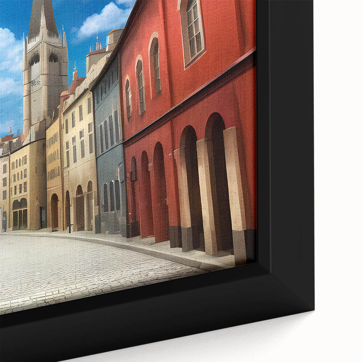 Framed canvas close-up of a vibrant landscape street design, showcasing intricate details and rich colors, perfect for modern home decor and art enthusiasts.