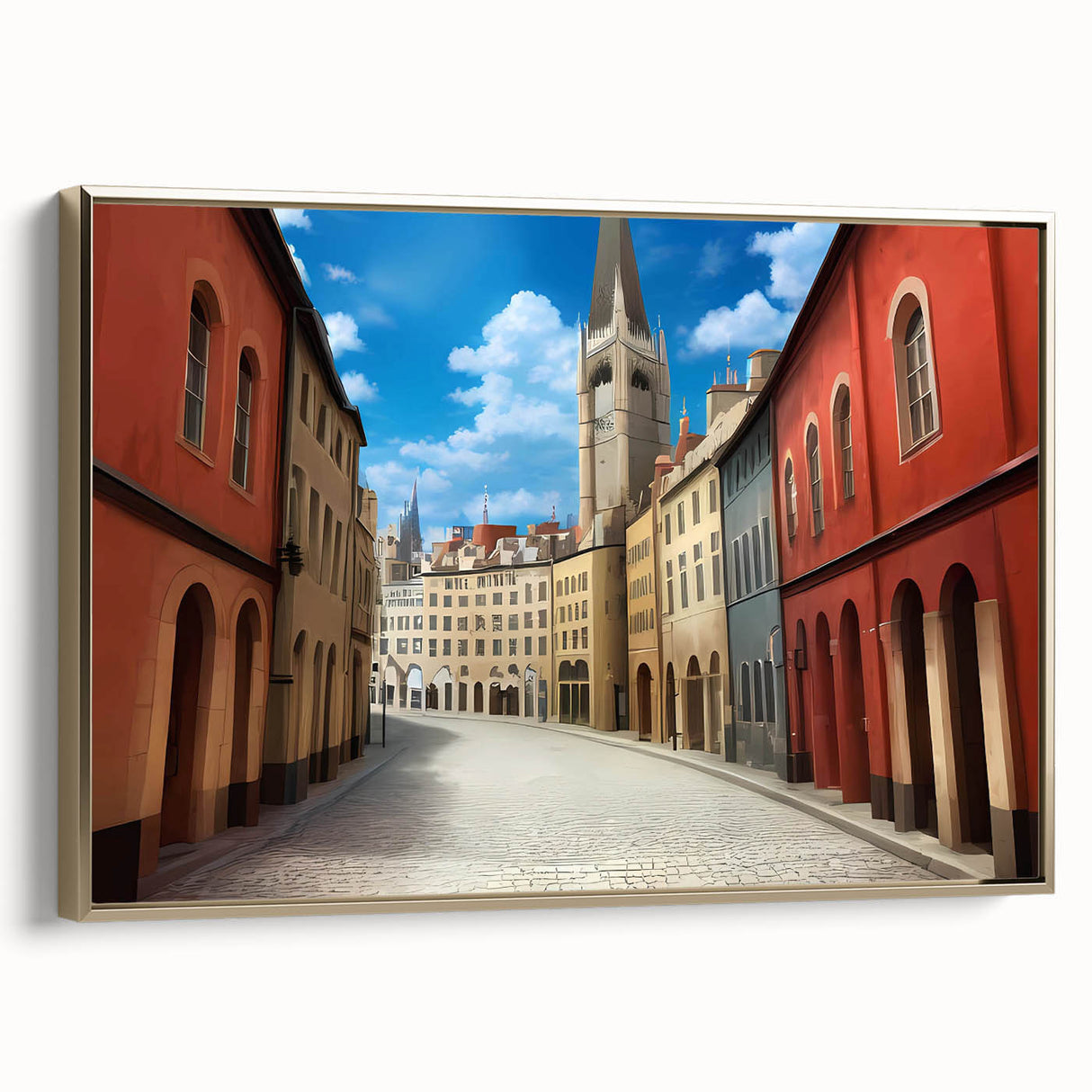 Framed canvas wall art showcasing a modern landscape design with gold accents, elegantly displayed from the side, perfect for contemporary home decor.