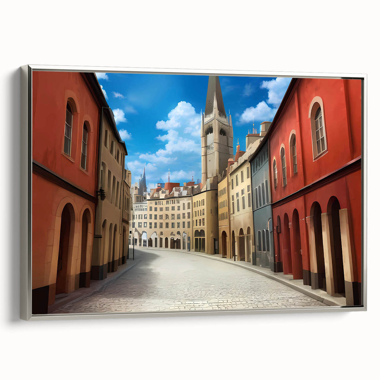 Framed canvas wall art showcasing a modern landscape design with vibrant colors and intricate details, featuring a sleek silver frame, ideal for contemporary decor.
