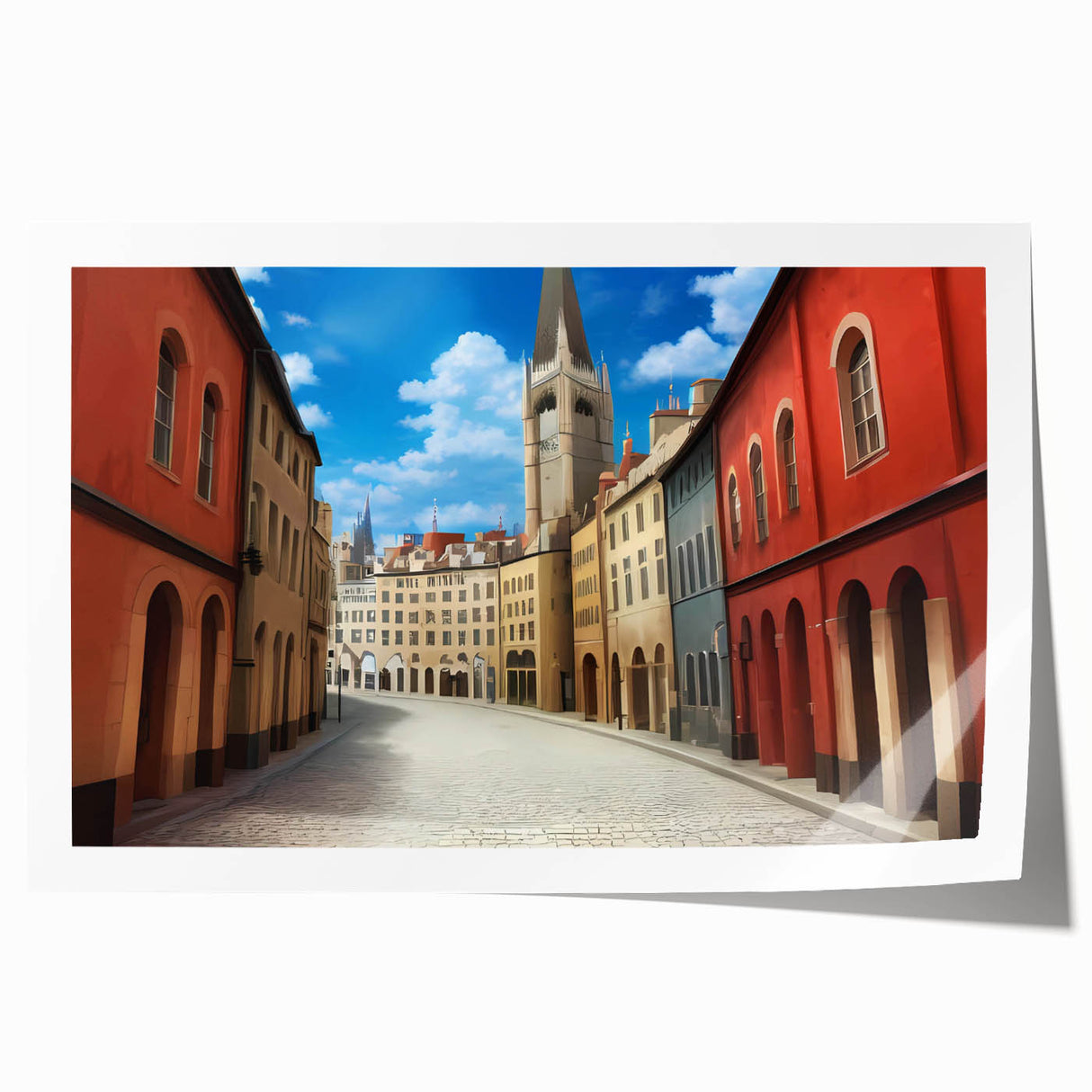 Colorful rolled print showcasing a vibrant street landscape design with bold colors and intricate details, ideal for home decor or art collection.