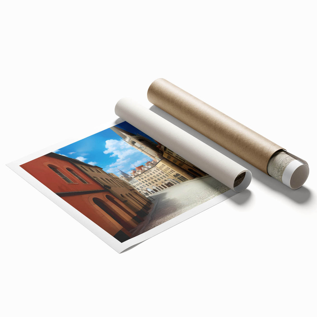 Rolled print of a vibrant street landscape design, showcasing colorful buildings and urban elements. Perfect for modern home decor, shipped in protective tube.