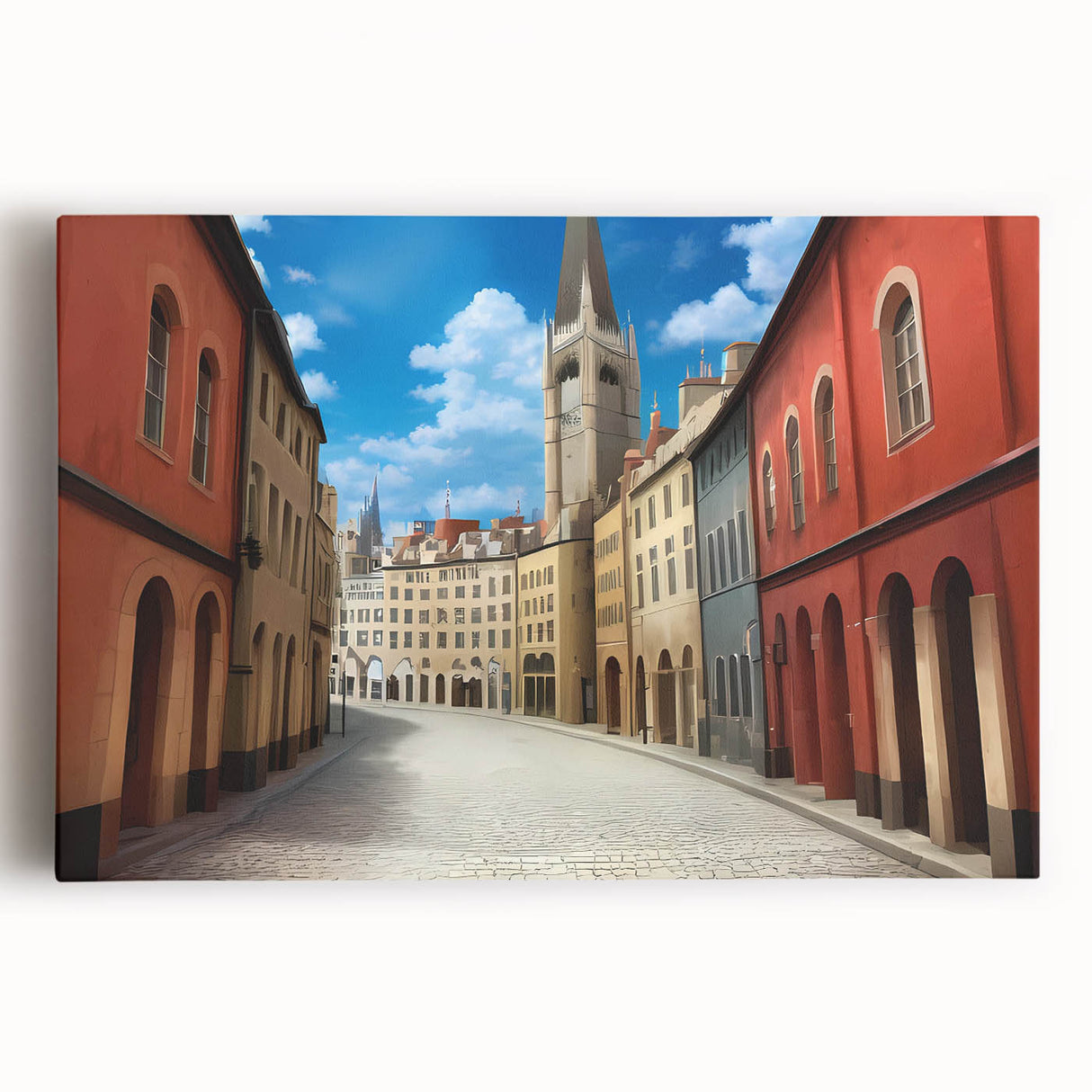 Stretched canvas wall art showcasing a vibrant city landscape design, featuring rich colors and intricate details, ideal for modern home décor.